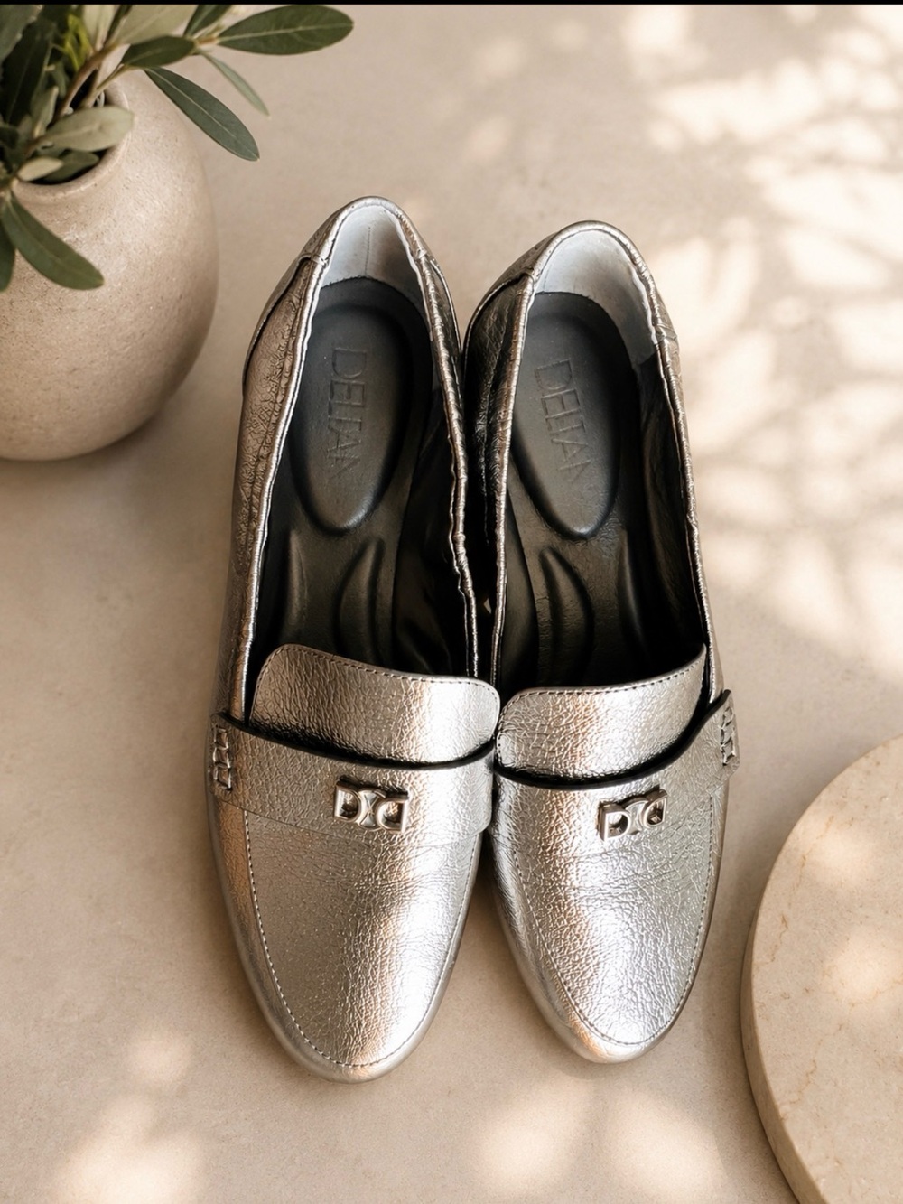 Deltan Metallic Silver Leather Loafers for Women NWOT